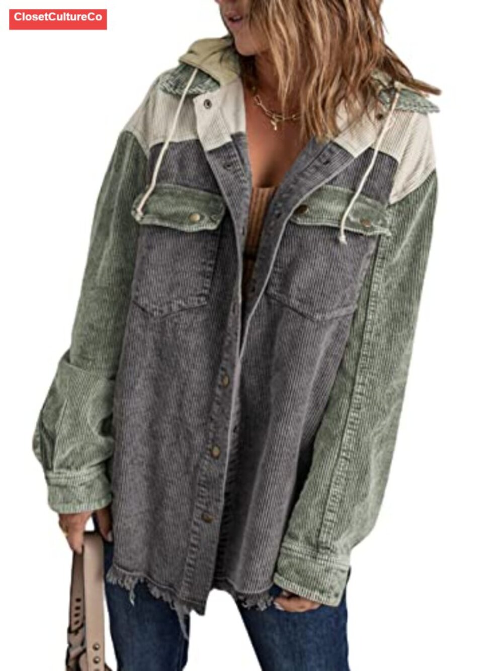 Corduroy Shacket Jacket Long Sleeve Button Down Hooded Coat with Pockets
